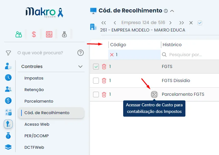 A imagem mostra um recorte do Sistema Makro sinalizando os comandos: