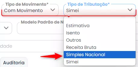 Tipos de tributação e com ou sem movimento na tributação municipal do sistema contábil Makro