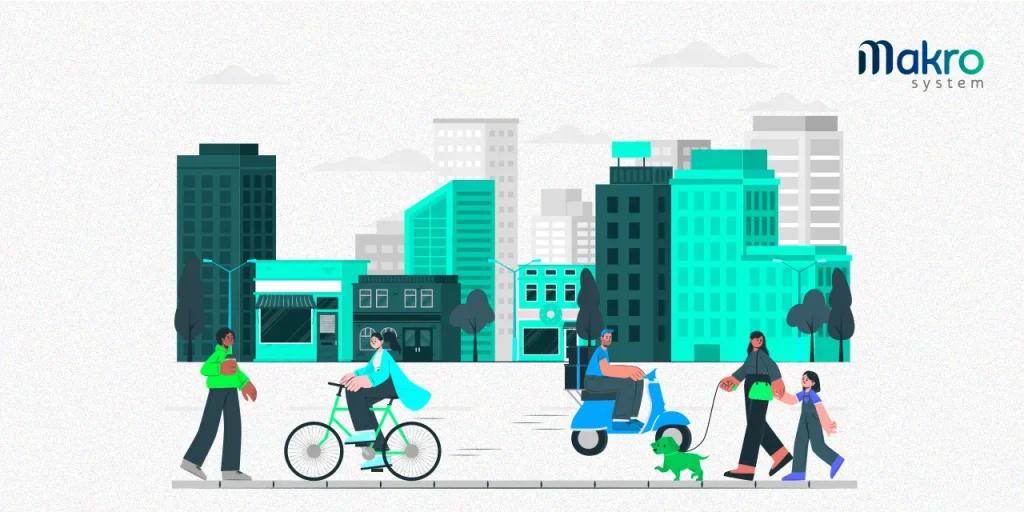Em uma cidade, é possível ver diversos prédios, casas e lojas. Também se observam pessoas caminhando, trabalhando e passeando com sua família.