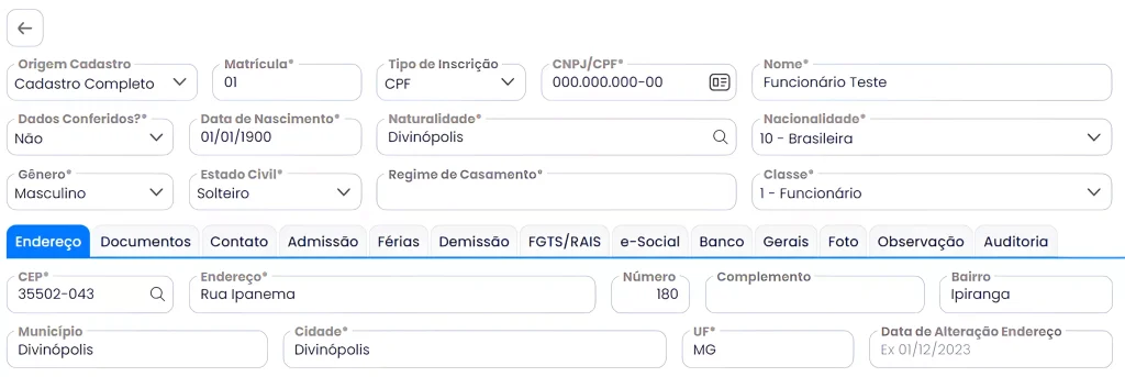 Aba para inserir informações do estagiário no Sistema Makrosystem