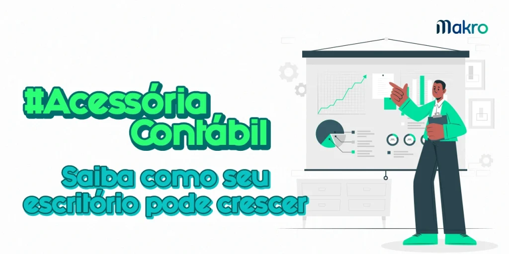 Um homem aponta para um gráfico de linha ascendente. Abaixo desse gráfico, há outro de pizza, e ao lado, um de barras com vários post-its colados.