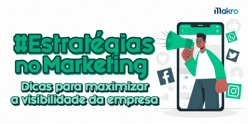 Um homem segura um megafone dentro de um celular, próximo a aplicativos como Facebook, WhatsApp, Twitter, Instagram e outros.