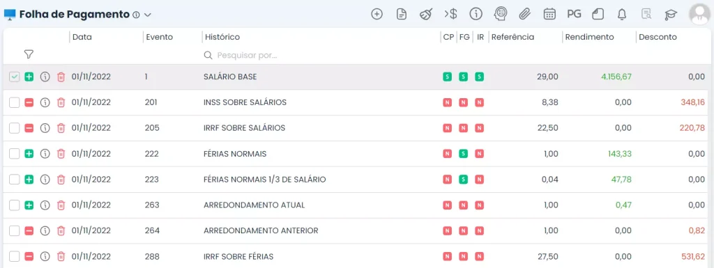 Imagem de uma folha de pagamento gerada pelo Sistema Makro, contendo informações detalhadas e valores. A imagem representa o cálculo da folha de pagamento.