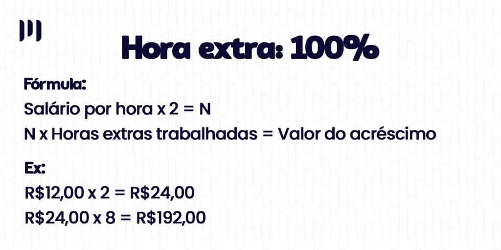 A imagem mostra como se fazer o calculo da hora extra 100%, mostrando uma forma e um exemplo.