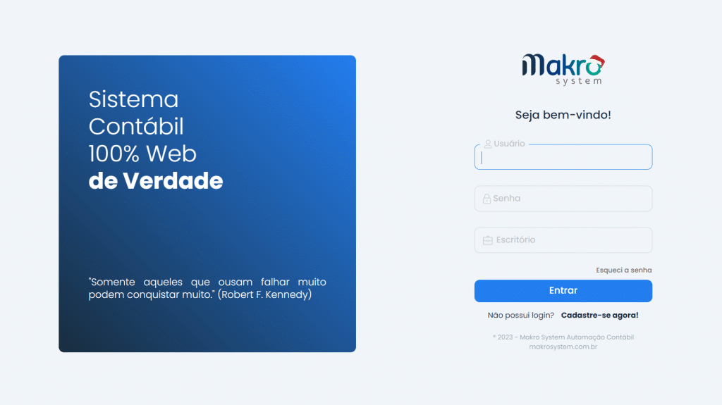 A imagem mostra a tela inicial de login do Makroweb. Nela é possível ver os campos de Usuário, Senha e Escritório para serem preenchidos.