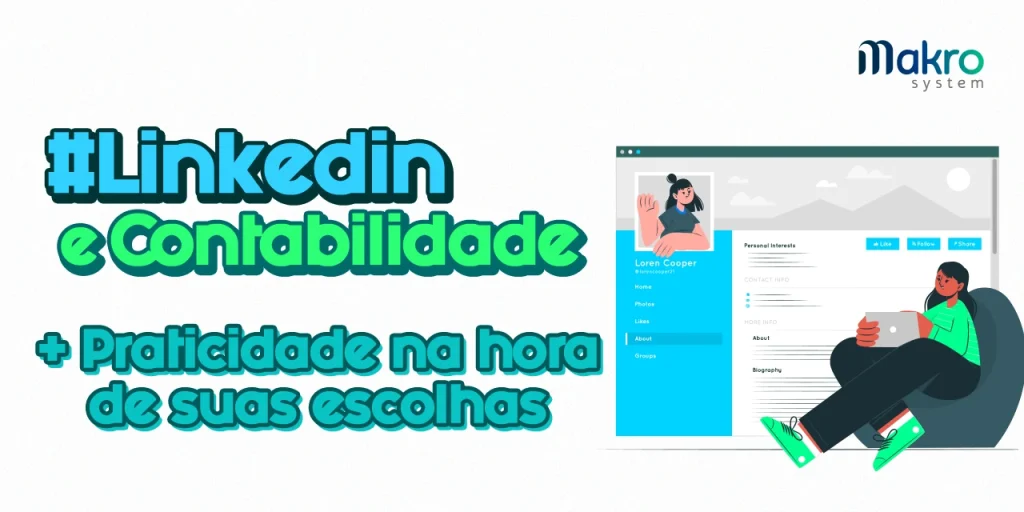 Uma mulher de roupas verdes mexe em seu tablet, utilizando um aplicativo em cores azuis que representa o LinkedIn para visualizar currículos.