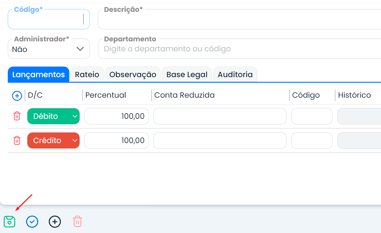 A imagem mostra a tela do sistema Makro com setas indicando os comandos: clique no ícone de disquete localizado no canto inferior esquerdo para salvar as alterações.