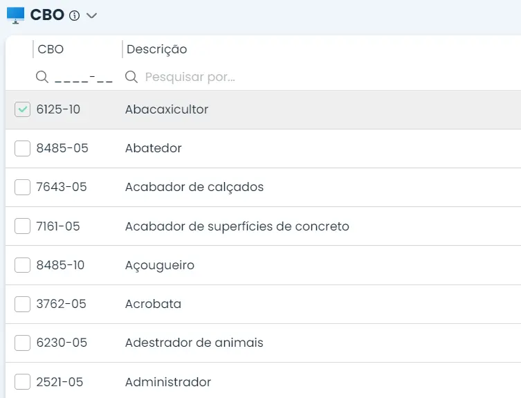 Aba CBO - Classificação Brasileira de Ocupações, mostrando algumas profissões na forma de lista no sistema contábil Makro