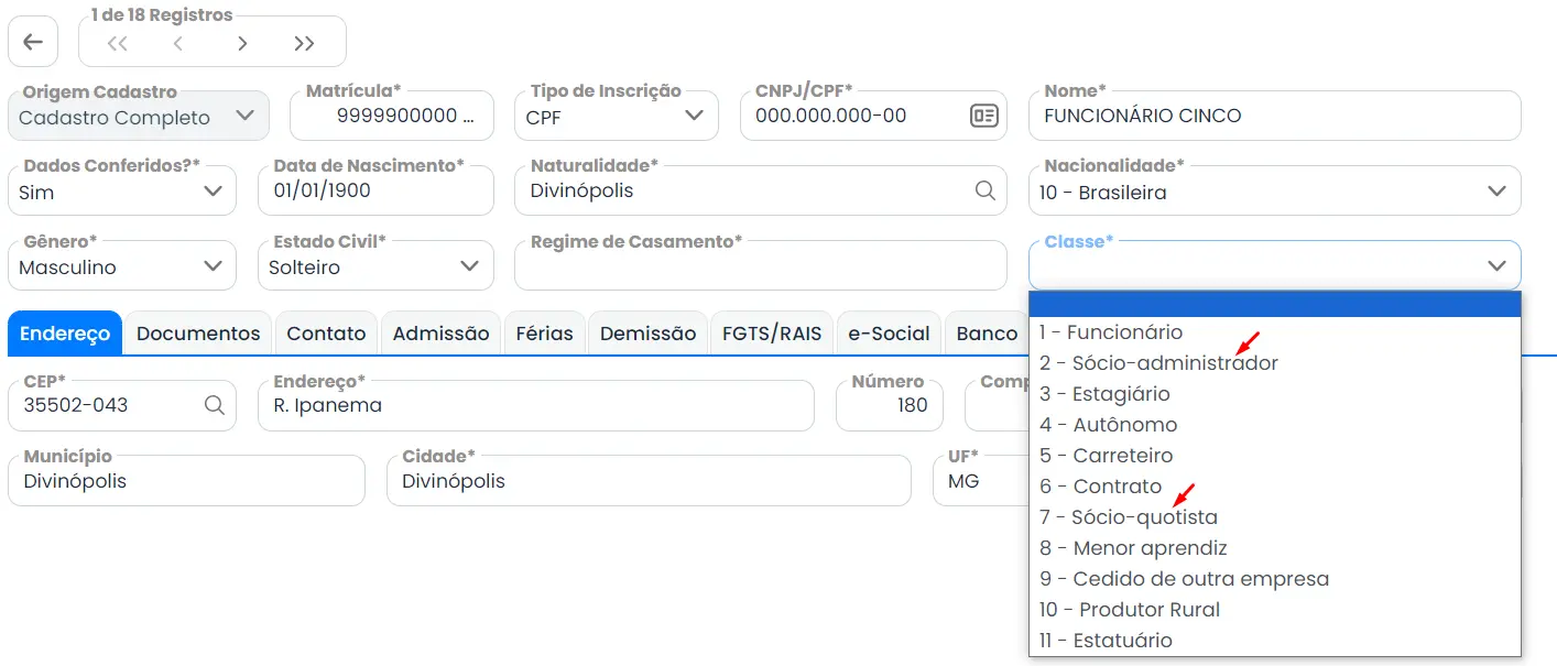 Aba com vários campos para inserir as informações do Sócio