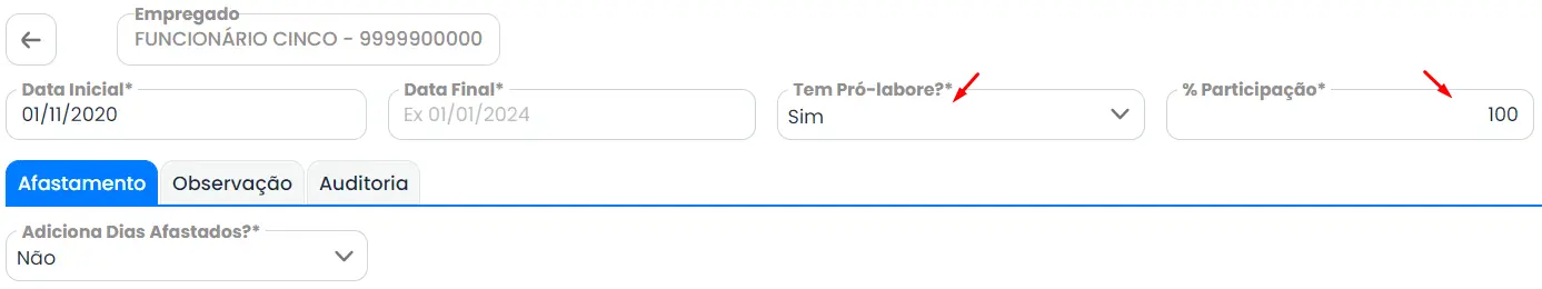 Aba com campos para inserir informações do pro labore. Processo para cadastrar o sócio
