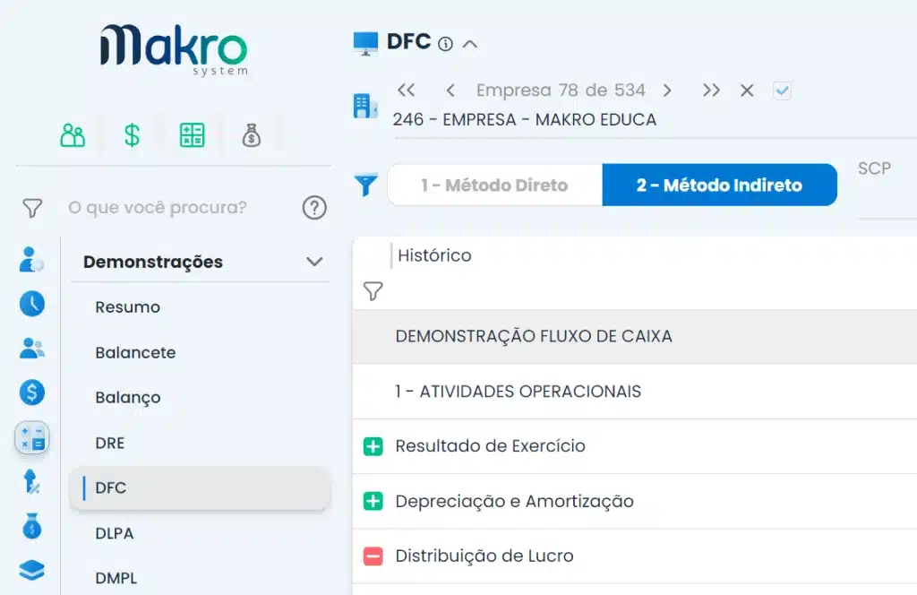 A imagem apresenta a ferramenta de Fluxo de Caixa dentro do Sistema makro. Na imagem é possível ver o menu do sistema a esquerda, a logo da Makro no canto superior esquerdo e o Histórico de Fluxos de Caixa no centro.