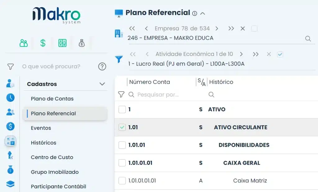 Na imagem é possível ver a tela do Departamento Contábil indicando a página do Plano Referencial no Sistema Makro.