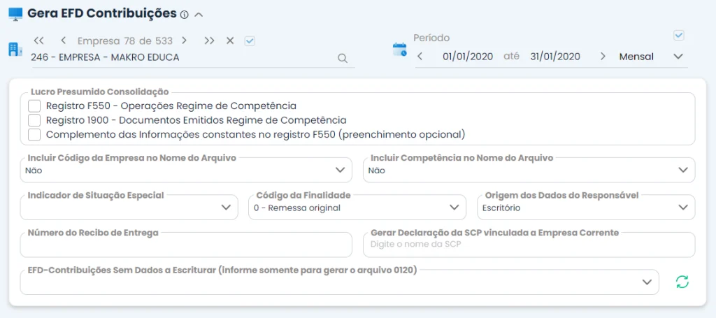 A imagem mostra um print do sistema Makro EFD localizado em Fiscal > Encerramento > Gera EFD Contribuições.