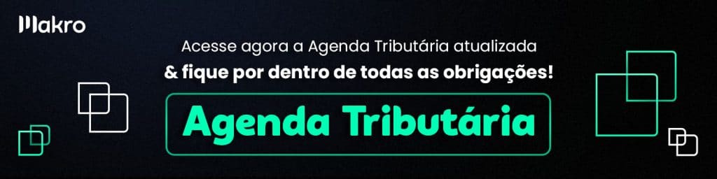 Botão grande e verde"Agenda Tributária" em um banner azul escuro com texto de chamada para ação.