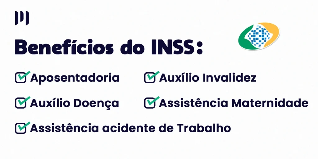 Imagem informando sobre os benefícios do INSS da Previdência Social: aposentadoria, auxílio doença, auxílio invalidez, assistência maternidade e assistência acidente de trabalho.