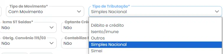 Campo do sistema contábil Makro, onde tem a opção para selecionar o "tipo de movimento" da empresa e o "tipo de tributação", no cadastro de tributação estadual