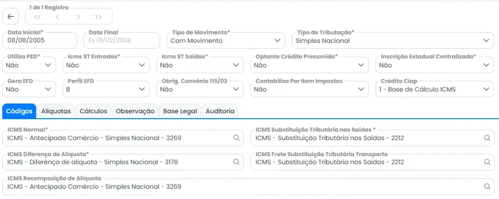 Cadastro completo da tributação estadual no sistema contábil Makro. É possível verificar os cadastros de códigos, alíquotas, cálcuos e muito mais.