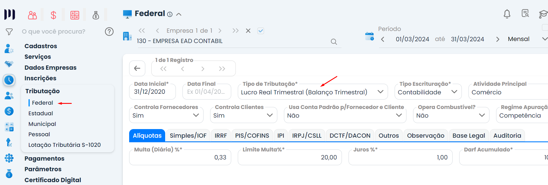 A imagem é um recorte da tela do Sistema Makro onde se prepara para implementar o Lucro Real no Sistema