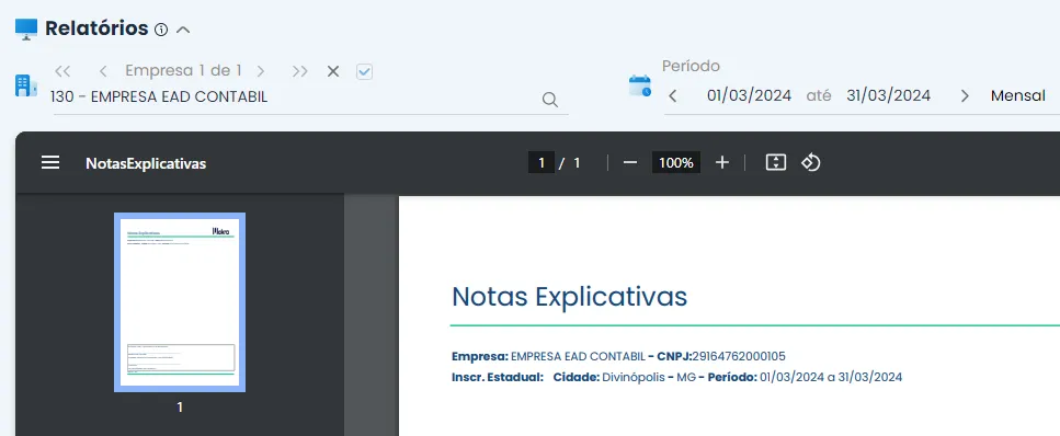 A imagem apresenta a exportação das Notas Explicativas no Sistema Makro