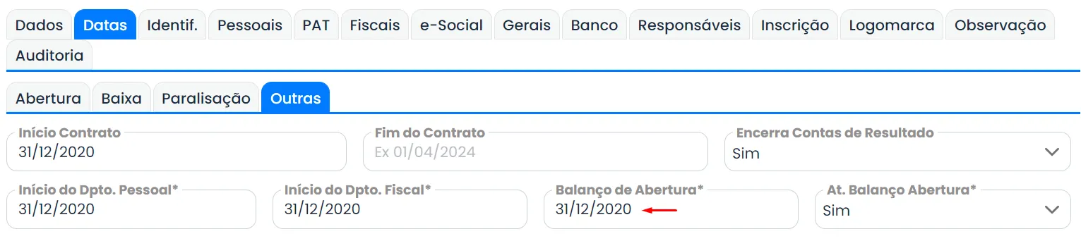 Primeiramente, é crucial definir a data do Balanço de Abertura da empresa. Esse é o ponto de partida para todas as transações contábeis no sistema.