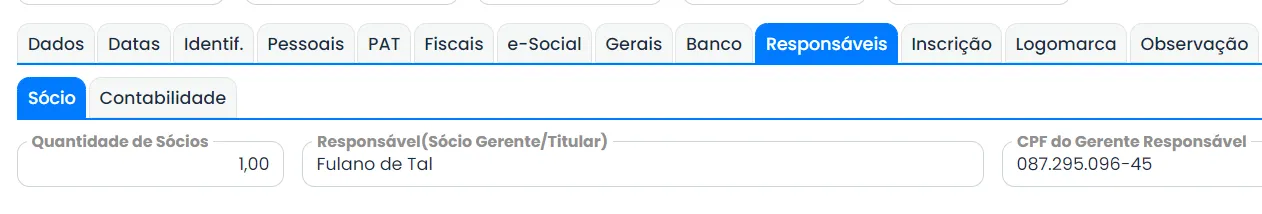 É necessário informar o número de sócios, o nome do sócio administrador ou gerente e seu CPF, organizando a gestão societária da empresa.