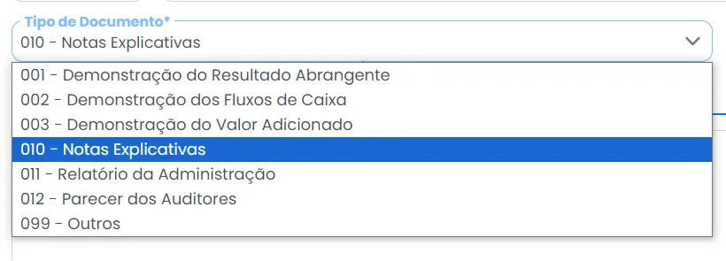 A imagem mostra a tela do Sistema e Setas indicam os comandos: Nessa nova inclusão deverá informar o "Tipo de Documento".