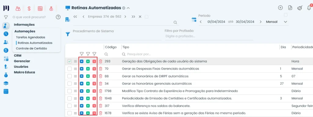 A imagem é um print do Sistema Makro, mostrando o menu de rotinas automatizadas para ajudar no controle de nota fiscal cancelada e Comunicar Saldo de Caixa Negativo. Como automatizar tarefas contábeis no Sistema Makro!