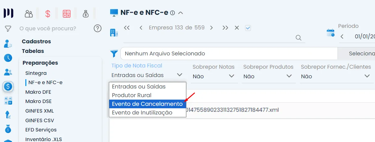 Na imagem vemos um print da tela do Sistema Makro, onde mostra o passo a passo para realizar o cancelamento da nota fiscal.