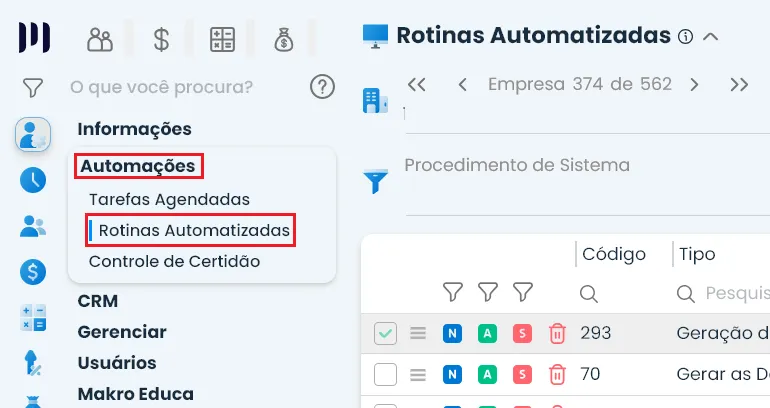 A imagem é um print do Sistema Makro, mostrando o painel para adicionar Rotinas Automatizadas a fim de facilitar a rotina do contador ao lidar com nota fiscal cancelada.