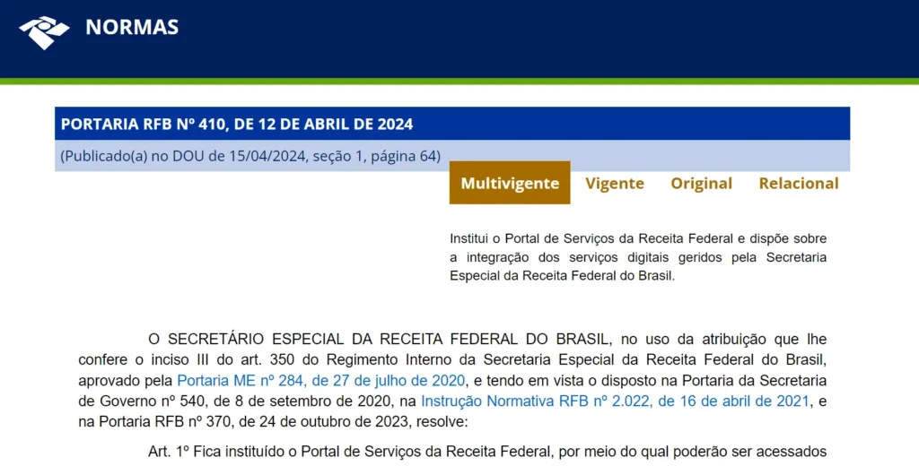 A imagem é um print da portaria sobre o Portal de Serviços da Receita Federal