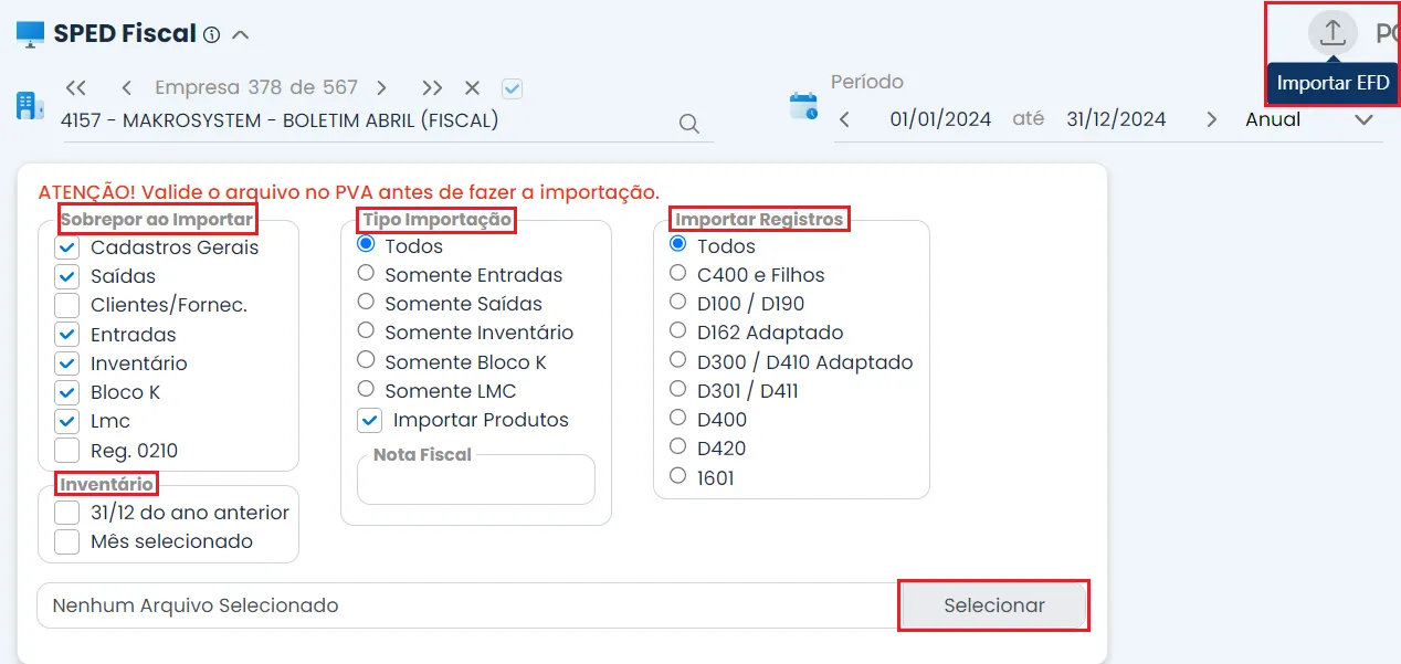A imagem é um print do Sistema Makro, mostrando o caminho para a realização da importação do Sped Fiscal dentro do Sistema Makro.
