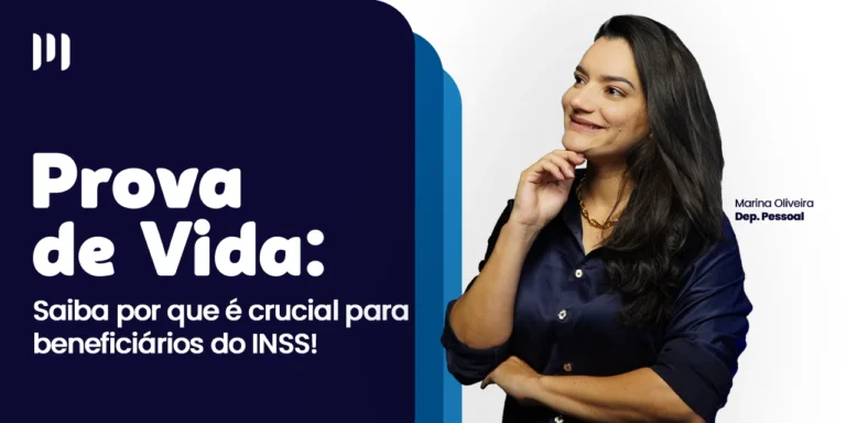 Marina Oliveira, do departamento pessoal, olha para lado com uma mão em seu queixo e sorri. Ao fundo, um degradê com tons de azul escuro e azul claro, com o título do post na frente.