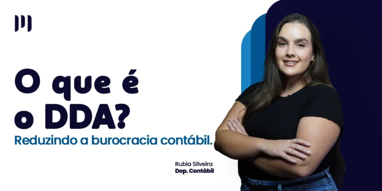 Rubia Silveira, do departamento contabil, olha para a frente de braços cruzados enquanto sorri. Ao fundo, um degradê com tons de azul escuro a azul claro, com o título do post ao lado.