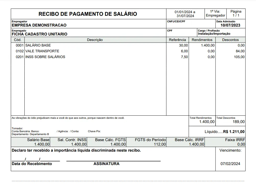 Imagem mostra um recibo de pagamento da folha de pagamento online no Sistema Makro.
