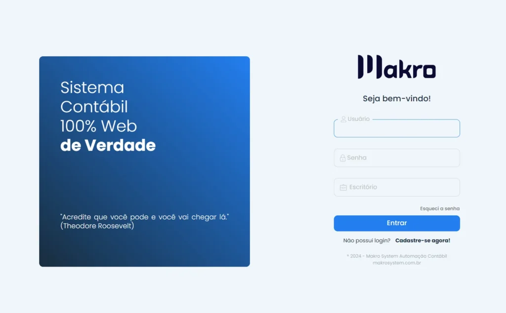 A imagem mostra a tela inicial do Makro Web - ambiente digital da ERP para contadores que se loga para ter acesso ao sistema makro