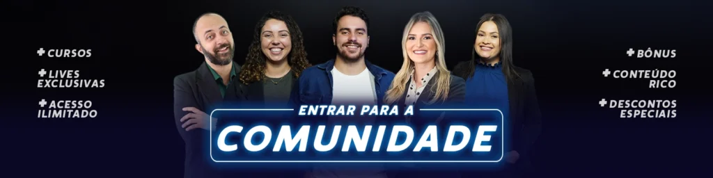 Mentor Thales Teixeira sorrindo, ao centro da imagem. À sua direita, Samara Duarte e Jéssica Ribeiro sorrindo. À esquerda, Vanessa Laureano e Guilherme Tibúrcio. À frente uma chamada em neon com o título: Entrar para a Comunidade. Fique por dentro da comunidade da Makro e saiba como organizar a saúde financeira da sua empresa.