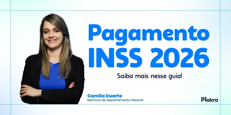 Camila Duarte mentora de departamento Pessoal sorrindo de braços cruzados ao lado do título: Calendário de Pagamento do INSS 2026