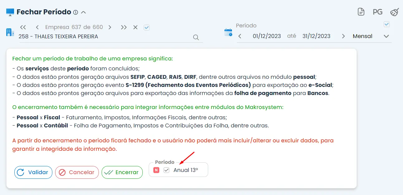 Campo para colocar gerar a segunda parcela do décimo terceiro salário. Imagem ilustra o 13º no eSocial