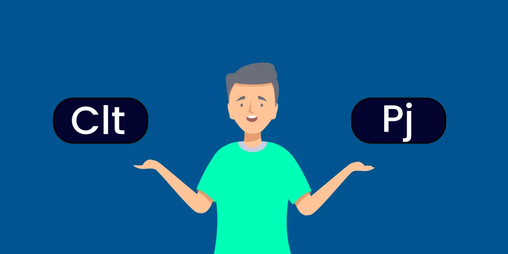Na imagem um desenho de um homem em um fundo azul com as duas mãos abertas para os lados. A sua mão esquerda tem um letreiro com a escrita CLT enquanto sua mão direita a palavra PJ. A imagem ilustra a reportagem sobre Emprego CLT e PJ Simultâneos e suas consequências.