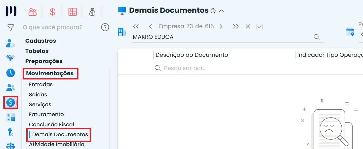 A imagem é um print do sistema Makro, mostrando como registrar documentos não provenientes de nota fiscal.