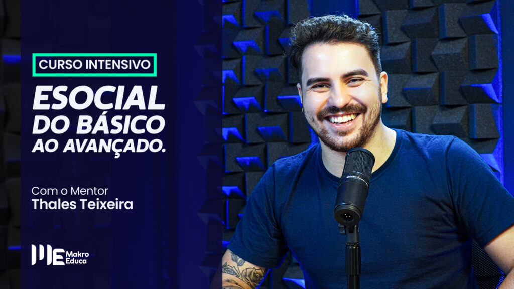 Colaborador Thales Teixeira em destaque, com o fundo azul escuro, e o texto ao lado sobre o curso eSocial do básico ao avançado