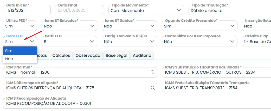 A imagem mostra o cadastro da tributação no campo que Gera a EFD