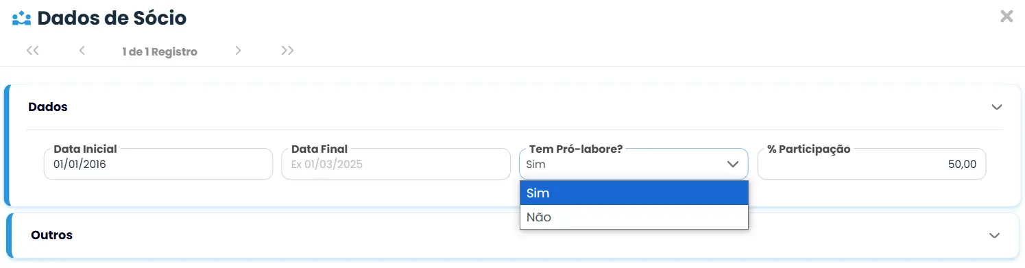 Imagem do campo no Sistema Makro para indicar se há ou não retirada do pró-labore.