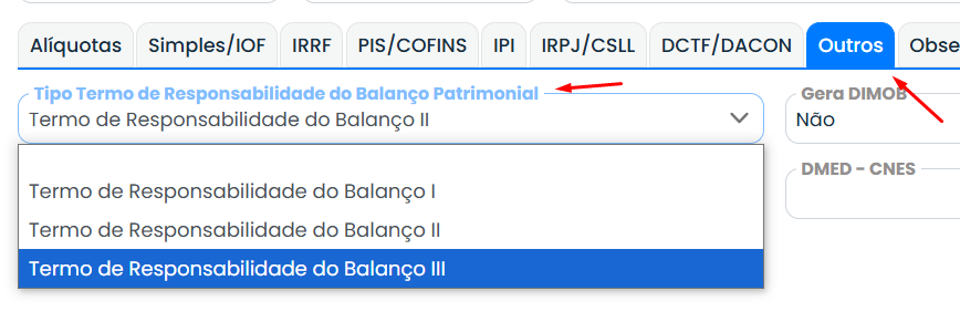 A imagem mostra os termos de responsabilidade dentro do Sistema Makro na hora de realizar o cadastro de tributação federal
