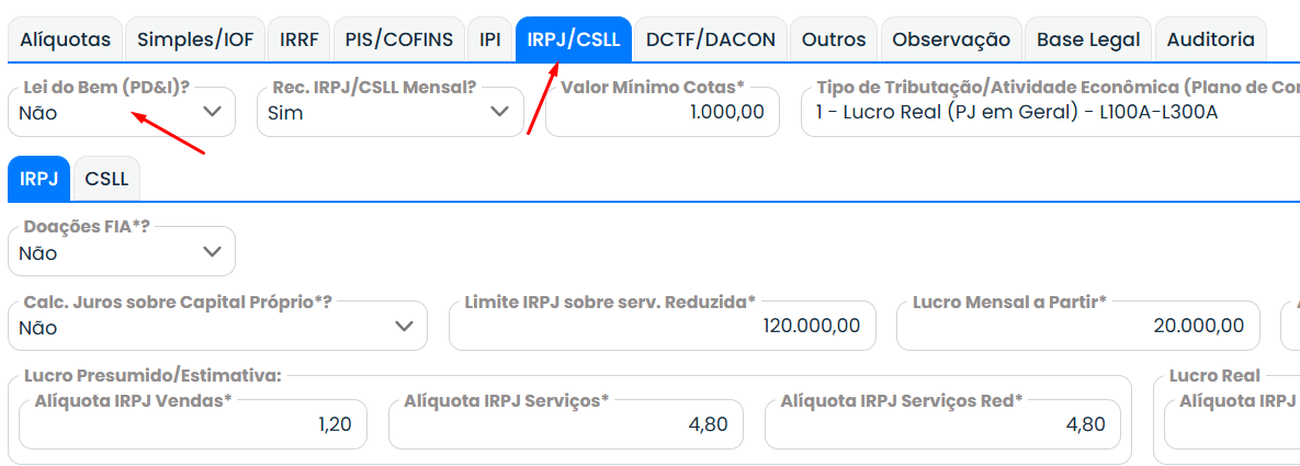 a imagem mostra como definir os parâmetros fiscais
