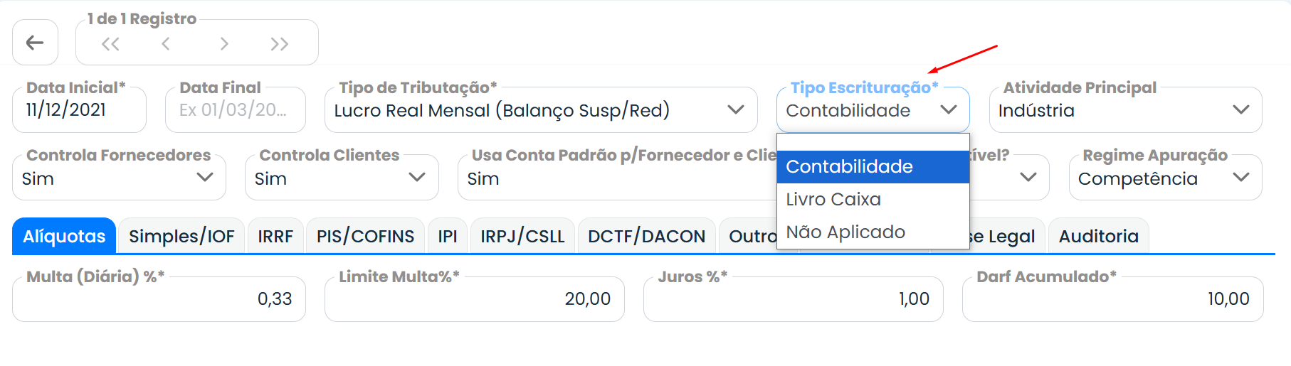 A imagem motra como escolher o tipo de escrituração dentro do sistema Makro na hora de realizar o cadastro de tributação federal