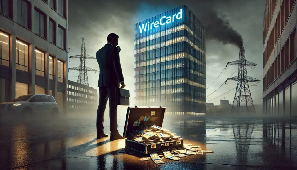 A imagem mostra um homem com terno e uma mala abarrotada de dinheiro em frente a um prédio com o letreiro da Wirecard