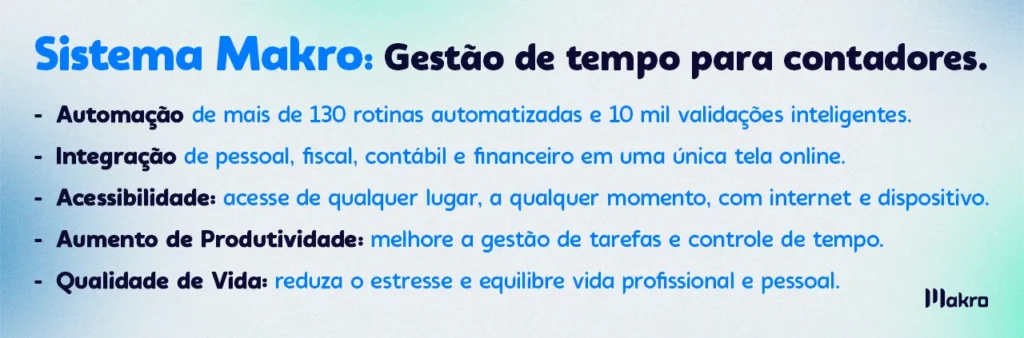 Esta imagem fala sobre gestão de tempo para contadores no Sistema Makro como: Automação de mais de 130 rotinas automatizadas e 10 mil validações inteligentes.
Integração de pessoal, fiscal, contábil e financeiro em uma única tela online.
Acessibilidade: acesse de qualquer lugar, a qualquer momento, com internet e dispositivo.
Aumento de Produtividade: melhore a gestão de tarefas e controle de tempo.
Qualidade de Vida: reduza o estresse e equilibre vida profissional e pessoal.