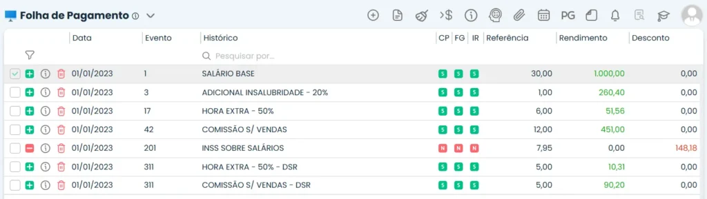 Eventos da folha de pagamento no sistema contábil Makro, como Salário Base, INSS, Adicional insalubridade, hora extras, comissão sem vendas, DSR. Imagem representa Holerite Online.