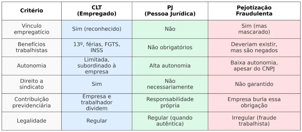 Quadro Comparativo: CLT x PJ x Pejotização Fraudulenta
A tabela apresenta uma comparação entre três modalidades de trabalho: CLT (Empregado), PJ (Pessoa Jurídica) e Pejotização Fraudulenta. Ela está organizada horizontalmente em quatro colunas: "Critério", "CLT", "PJ" e "Pejotização Fraudulenta". Cada linha compara os mesmos critérios entre os três modelos.
Vínculo empregatício
CLT: Sim (reconhecido)
PJ: Não
Pejotização: Sim, mas mascarado
Benefícios trabalhistas
CLT: 13º, férias, FGTS, INSS
PJ: Não obrigatórios
Pejotização: Deveriam existir, mas são negados
Autonomia
CLT: Limitada, subordinado à empresa
PJ: Alta autonomia
Pejotização: Baixa autonomia, apesar do CNPJ
Direito a sindicato
CLT: Sim
PJ: Não necessariamente
Pejotização: Não garantido
Contribuição previdenciária
CLT: Empresa e trabalhador dividem
PJ: Responsabilidade própria
Pejotização: Empresa burla essa obrigação
Legalidade
CLT: Regular
PJ: Regular (quando autêntica)
Pejotização: Irregular (fraude trabalhista)
As colunas são coloridas para facilitar a identificação: azul para CLT, verde para PJ e vermelho para pejotização fraudulenta. O texto está em fonte grande e dividido em múltiplas linhas dentro de cada célula, garantindo legibilidade total.